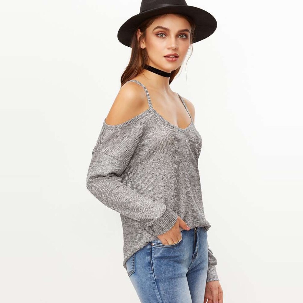Cold Shoulder High Low Long Sleeve Metallic Silver Knit Top - Picture 3 of 6